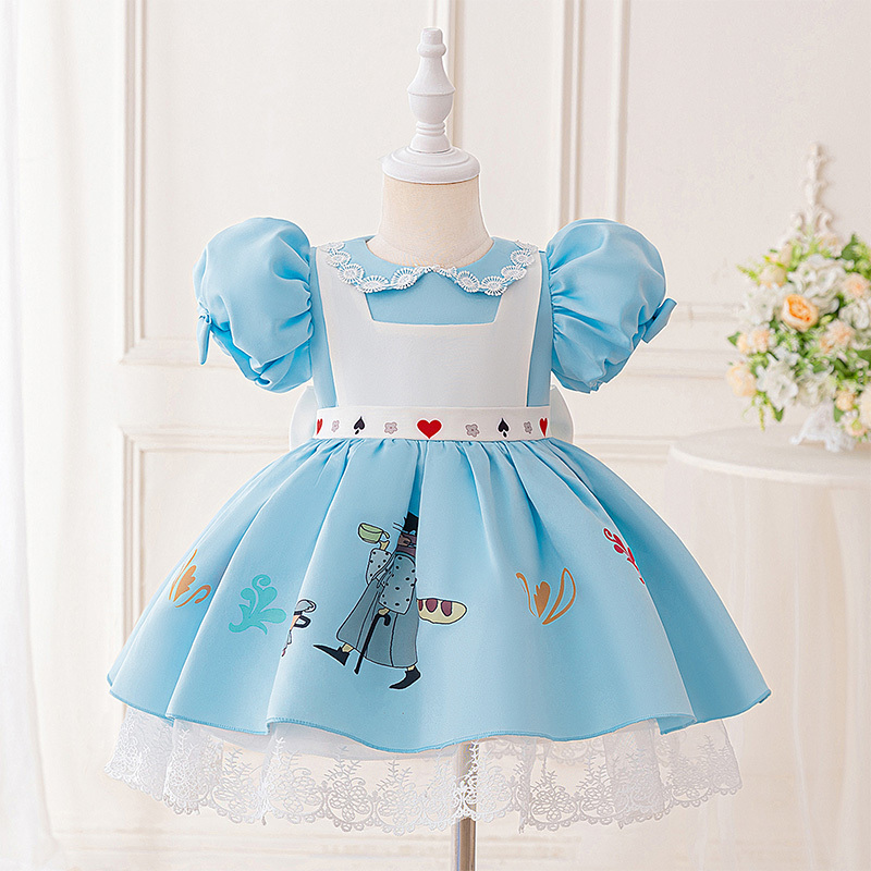 Satin Bow Lace Short Sleeve Midi Dresses - Sky Blue - 3-4Y - image 1