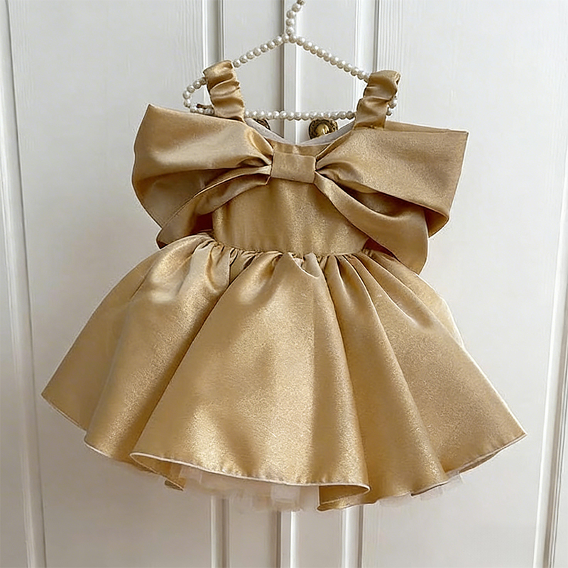Satin Short Sleeve Midi Dresses - Champagne Gold - 12-13Y - image 10