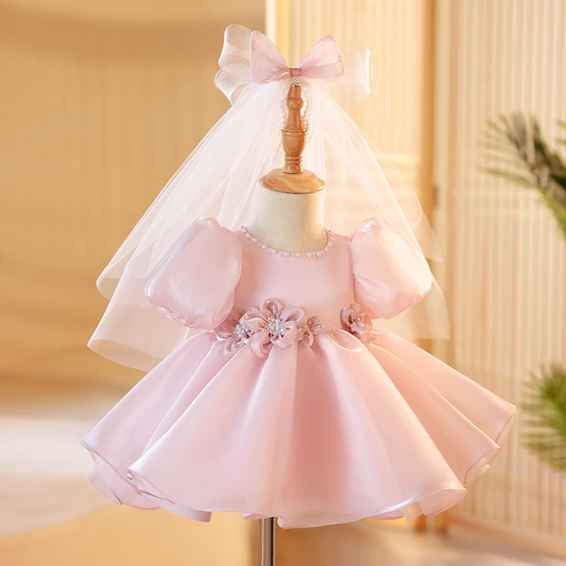 Organza Rosette Short Sleeve Midi Dresses - Pink - 9-11Y - image 1