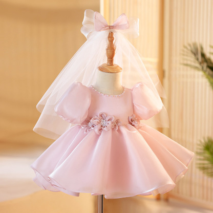 Organza Rosette Short Sleeve Midi Dresses - Pink - 9-11Y - image 1