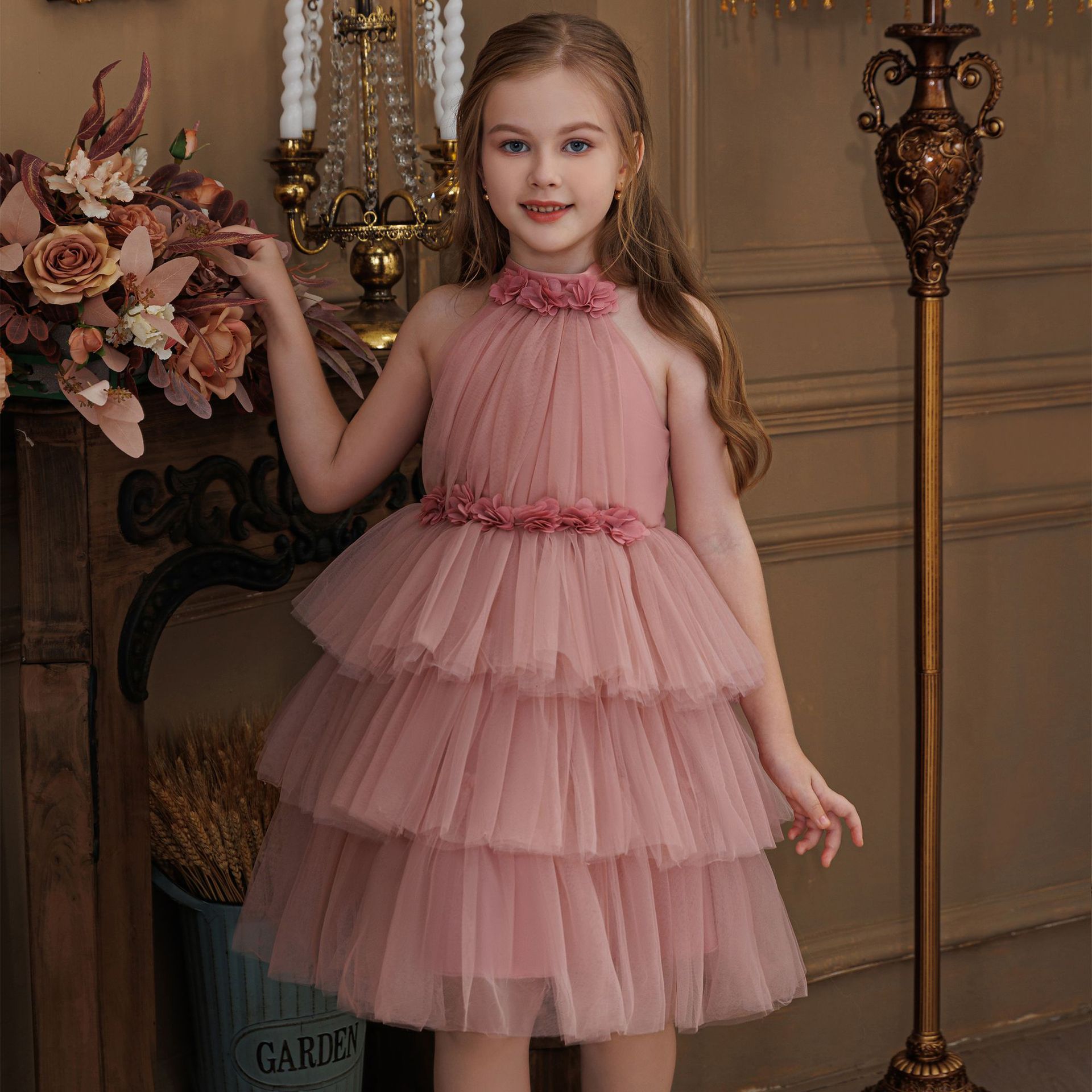 Mesh Rosette Sleeveless Midi Dresses - Pink - 8Y - image 1