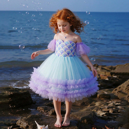 Mesh Tiered Short Sleeve Midi Dresses - Light Purple - 7Y - image 1