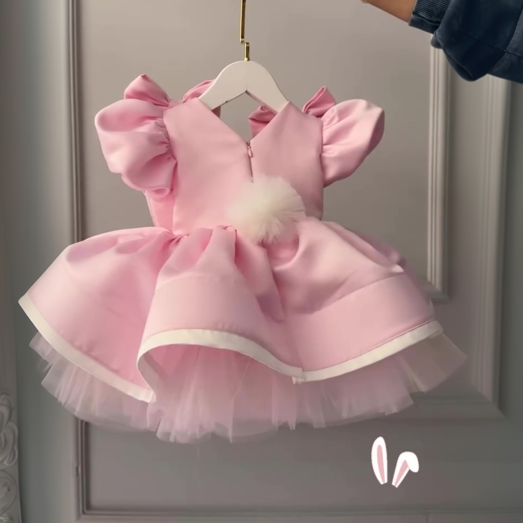 Satin Bow Bunny Ear Accents Short Sleeve Short Dresses - image 4