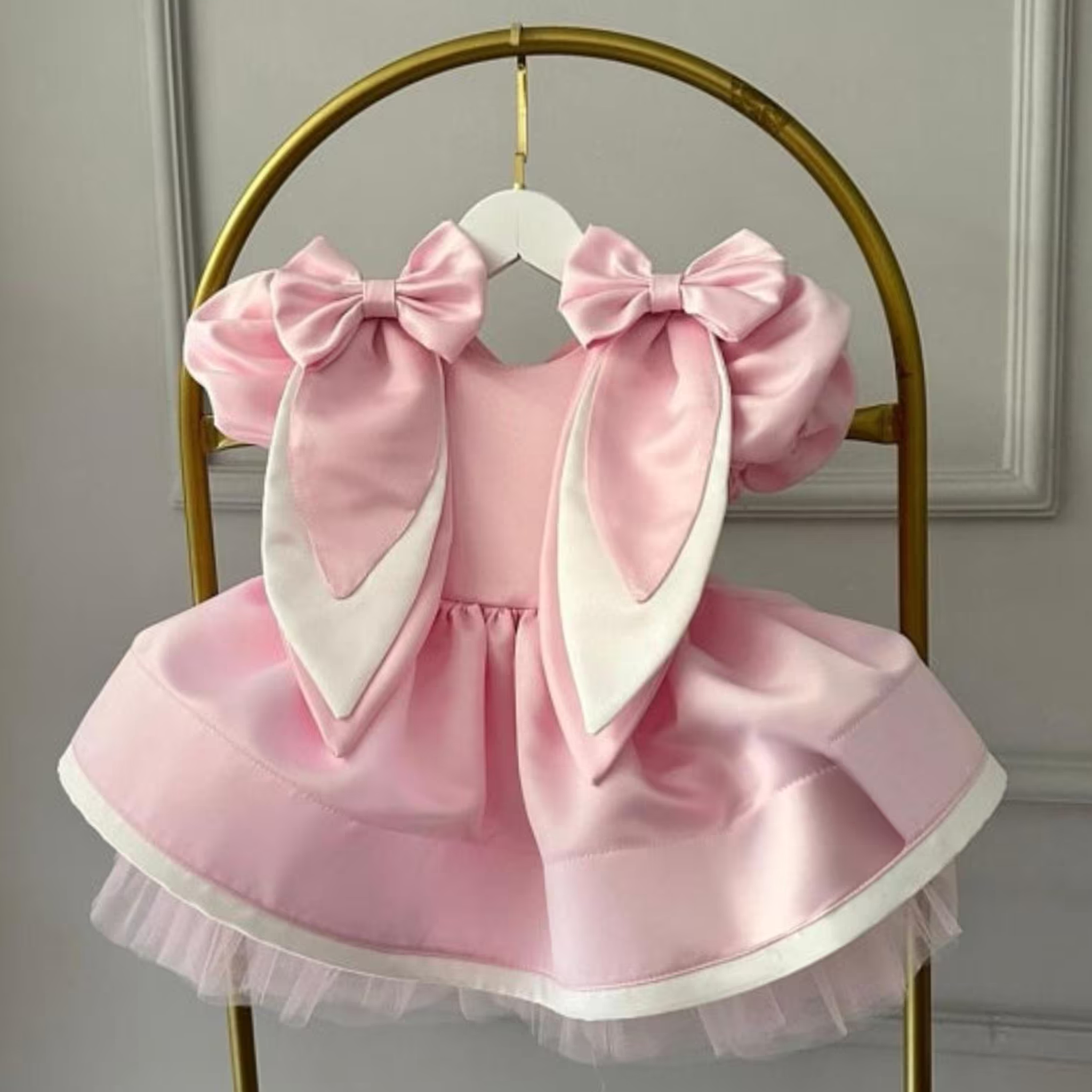 Satin Bow Bunny Ear Accents Short Sleeve Short Dresses - Pink - 5Y - image 1