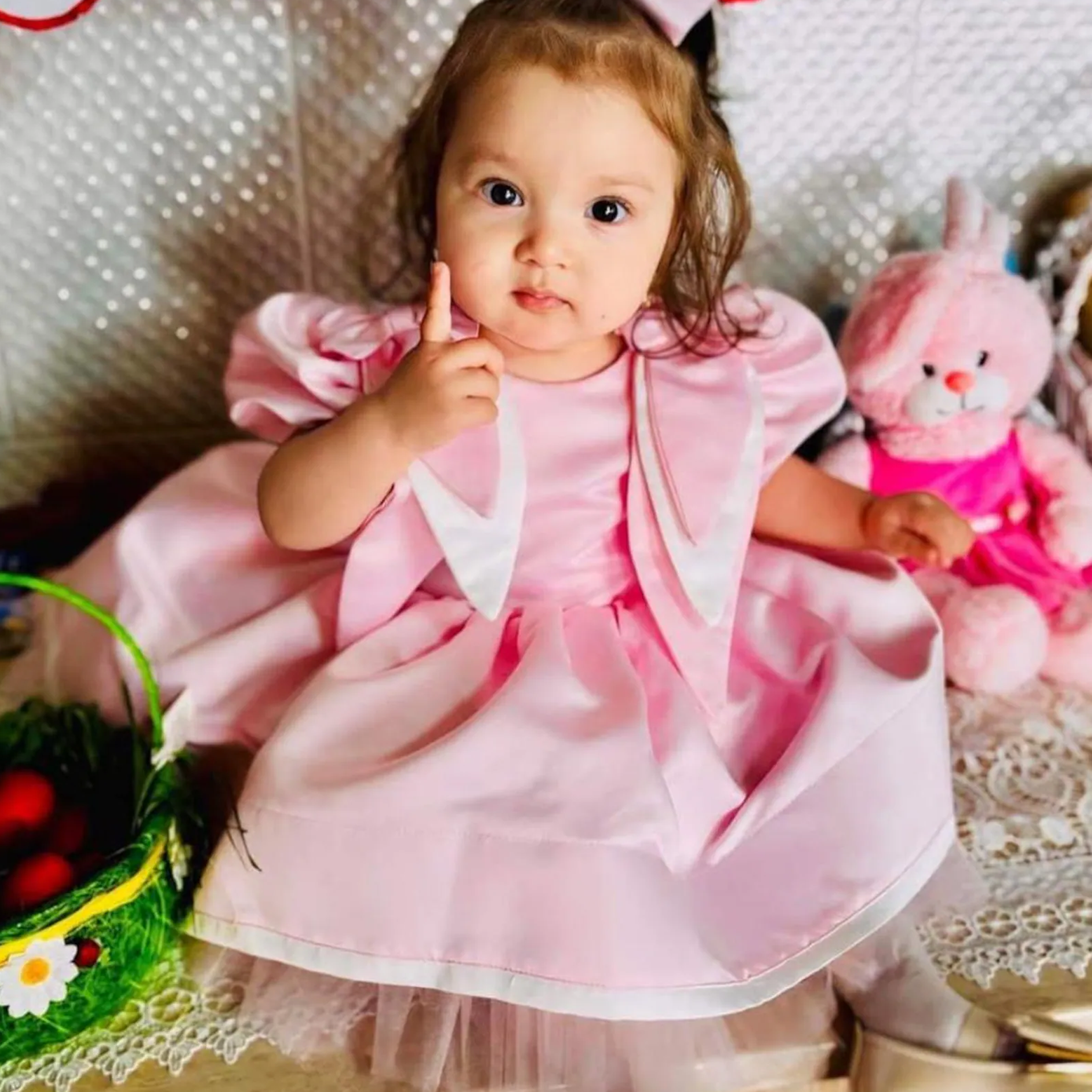 Satin Bow Bunny Ear Accents Short Sleeve Short Dresses - image 2