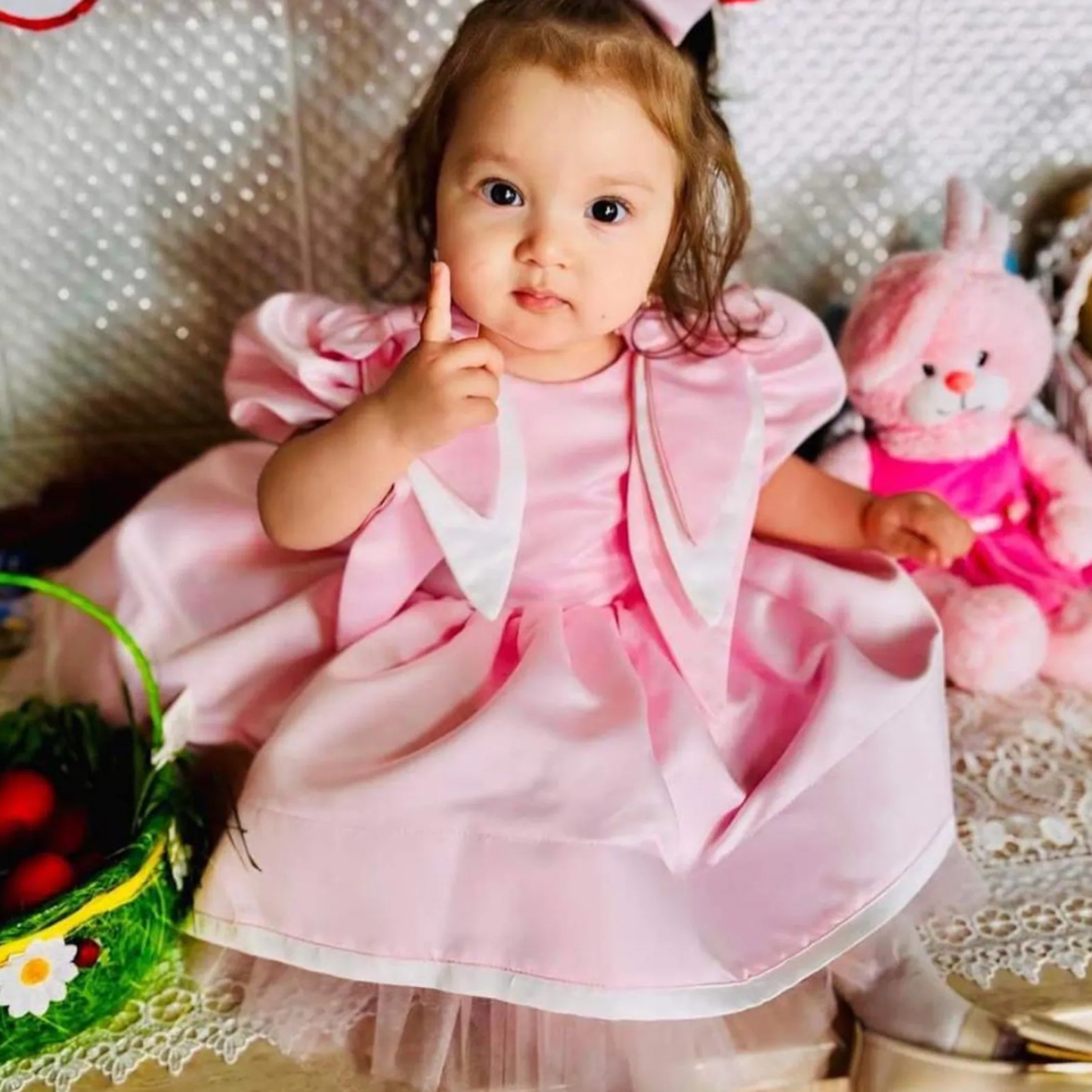 Satin Bow Bunny Ear Accents Short Sleeve Short Dresses - image 2