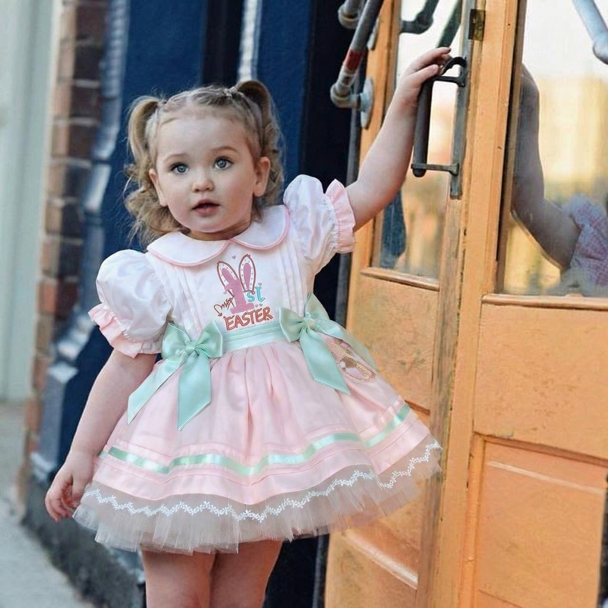 Satin Bow Embroidery Short Sleeve Short Dresses - image 2