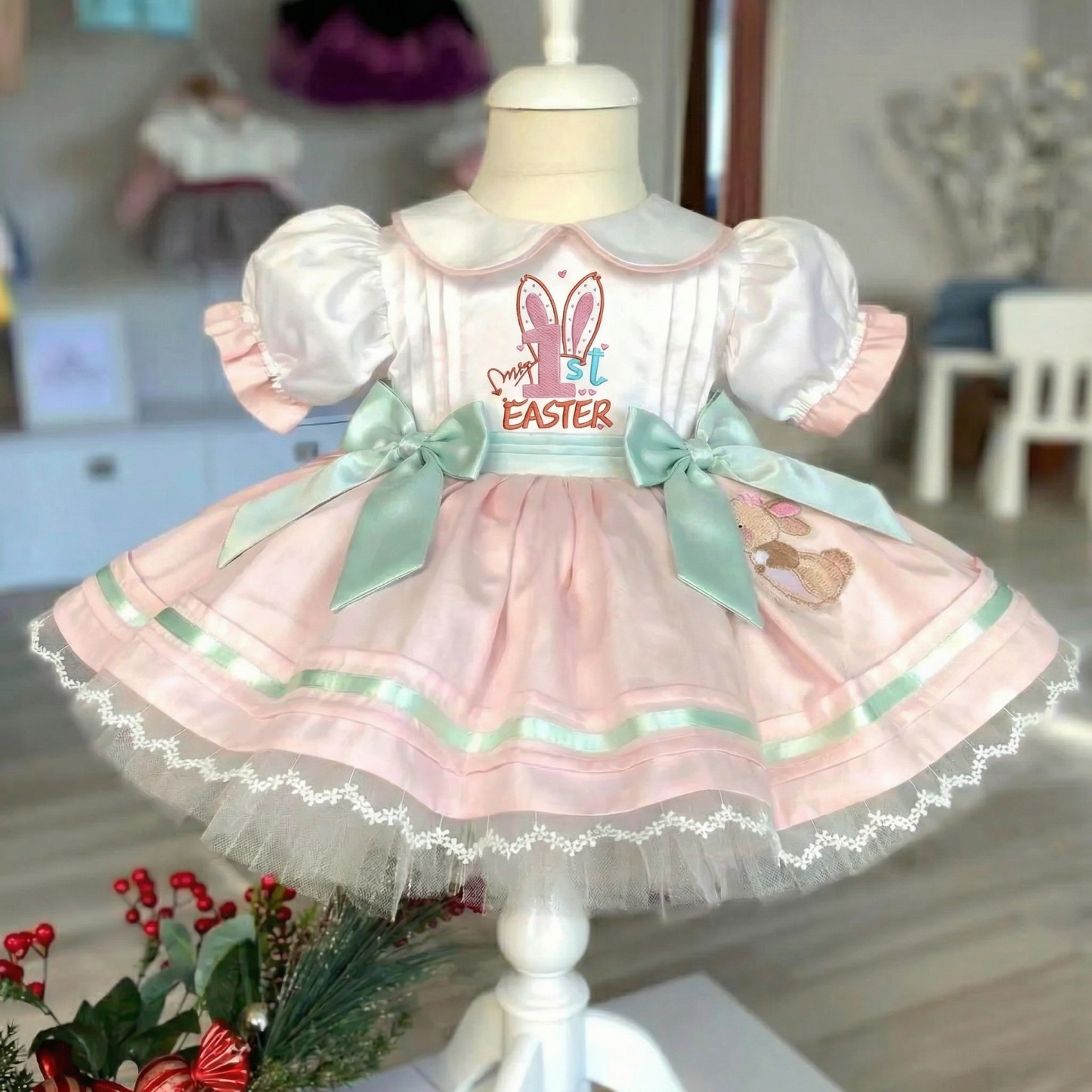Satin Bow Embroidery Short Sleeve Short Dresses - Pink - 1Y - image 1