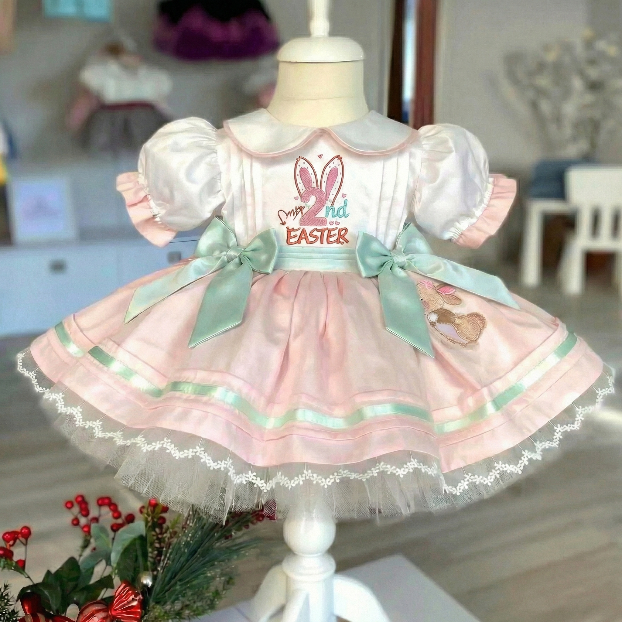 Satin Bow Embroidery Short Sleeve Short Dresses - Pink - 2Y - image 4