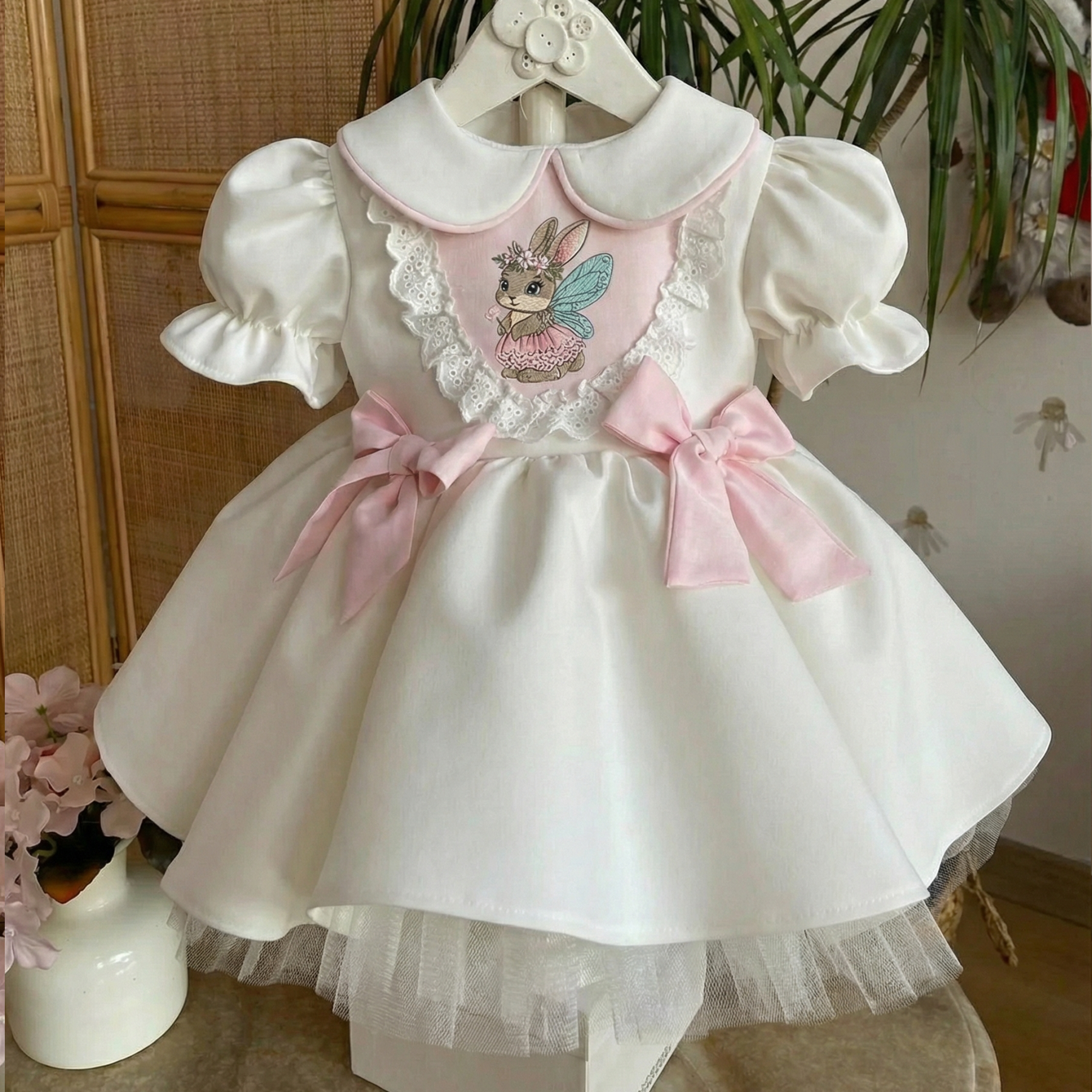 Satin Bow Embroidery Short Sleeve Midi Dresses - image 3