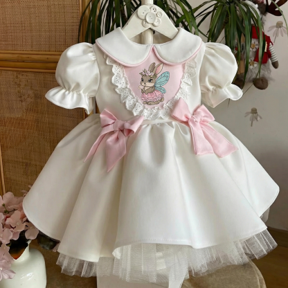 Satin Bow Embroidery Short Sleeve Midi Dresses - White - 6Y - image 1