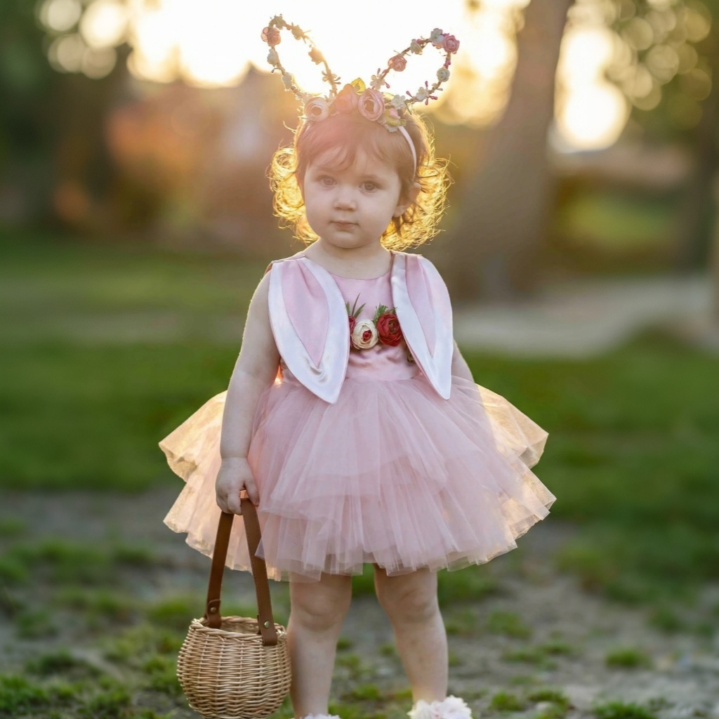 Mesh Split Joint Bunny Ear Accents Rosette Sleeveless Midi Dresses - Pink - 5Y - image 1