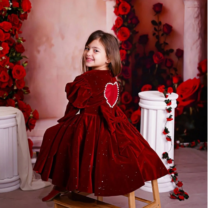 Velvet Glitter Long Sleeve Mid-long Dresses - Red - 11-12Y - image 1