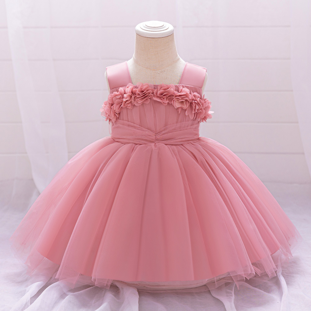 Mesh Rosette Sleeveless Midi Dresses - Bean Paste Pink Skirt - 12-18M - image 2