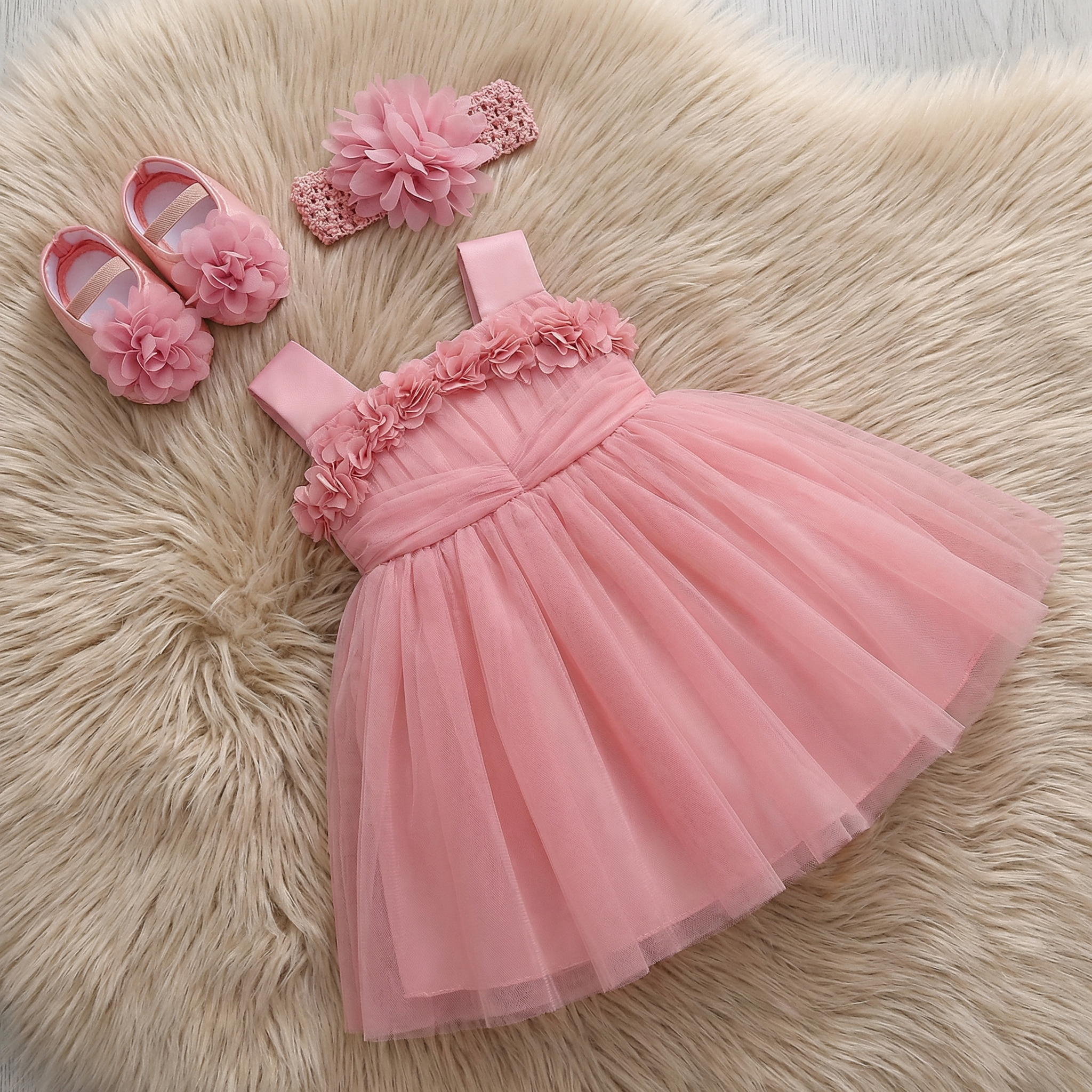Mesh Rosette Sleeveless Midi Dresses - Dark Pink - 12-18M - image 1