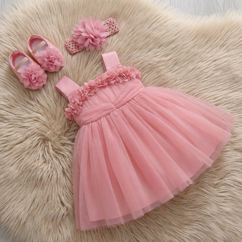 Elegant Mesh Rosette Birthday Dress Matching Set – 3PCS Baby Girl Outfit with Headband & Shoes - image 2