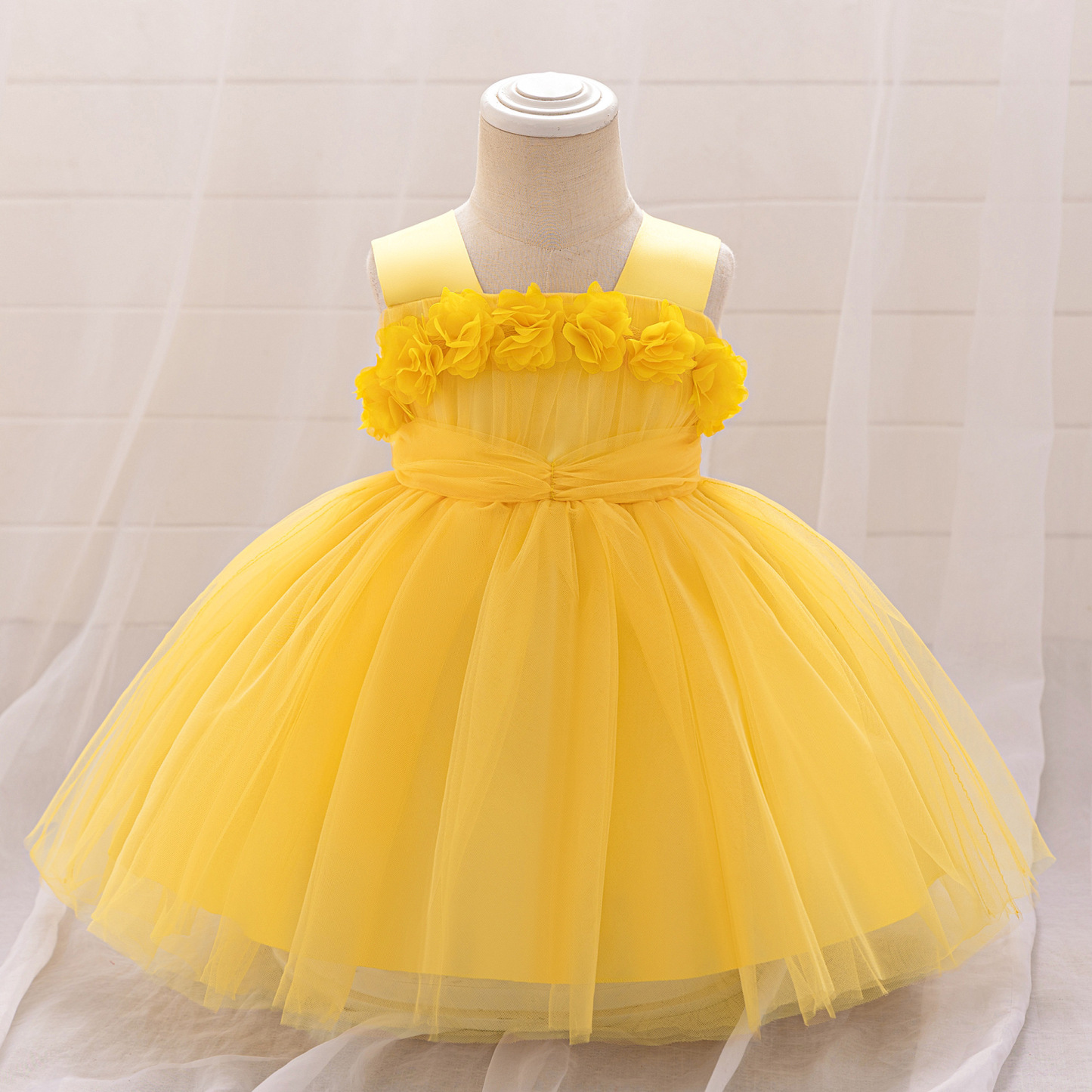 Mesh Rosette Sleeveless Midi Dresses - Yellow Skirt - 12-18M - image 12