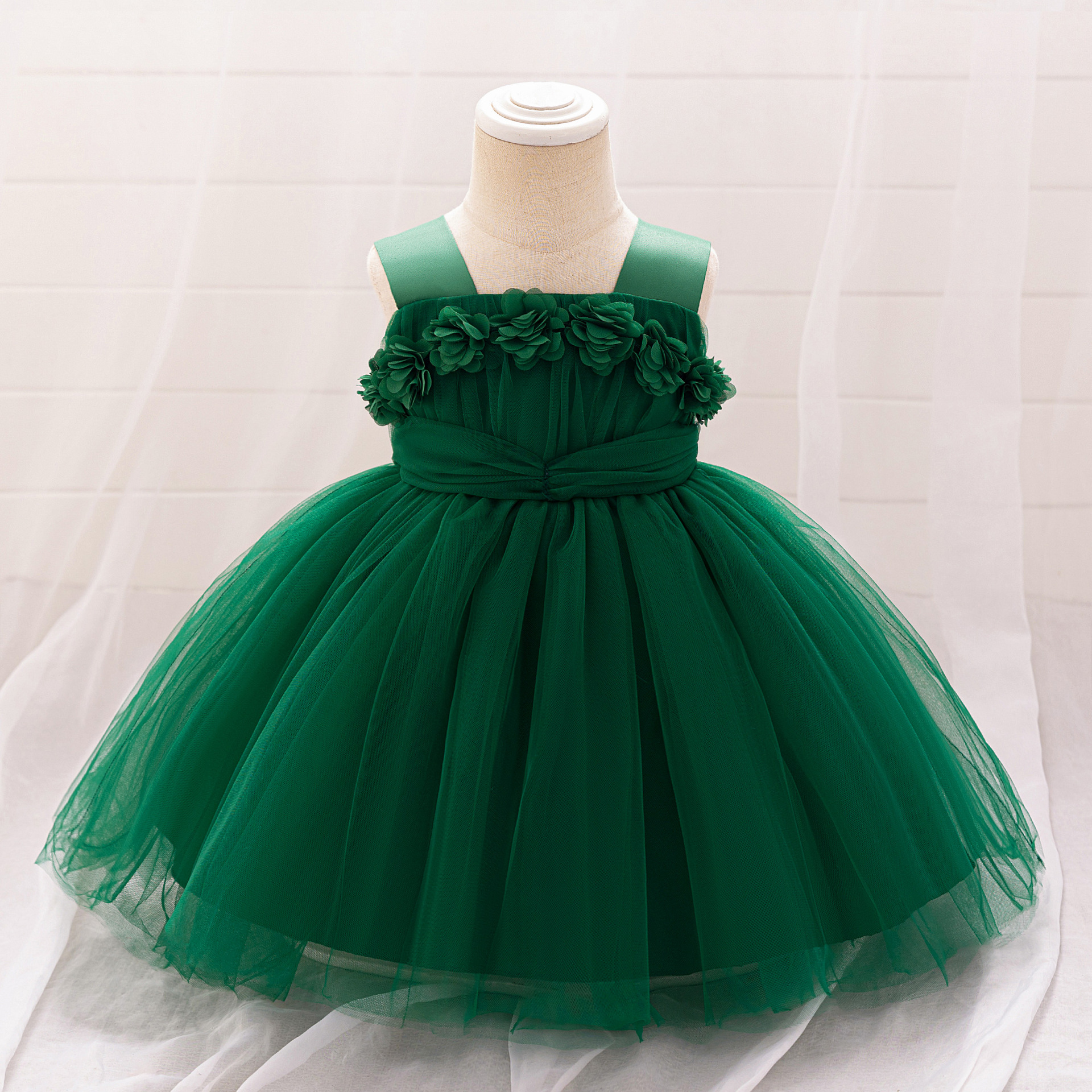 Mesh Rosette Sleeveless Midi Dresses - Dark Green Skirt - 12-18M - image 21