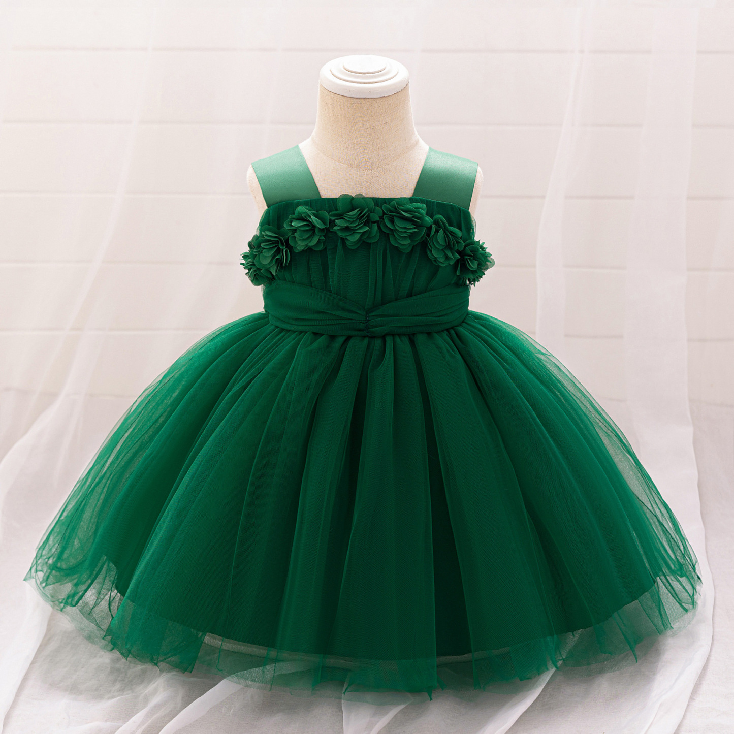 Mesh Rosette Sleeveless Midi Dresses - Dark Green Skirt - 12-18M - image 21