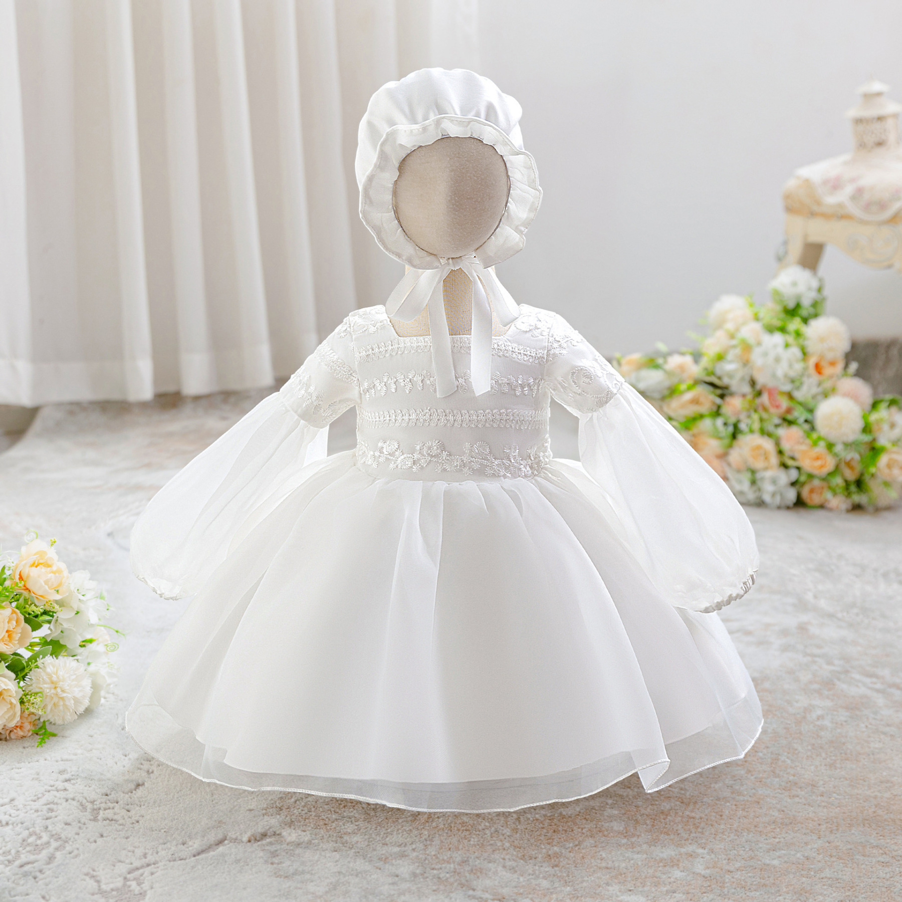 Easter Organza Split Joint Embroidery Long Sleeve Midi Dresses - White - 2-3Y - image 2