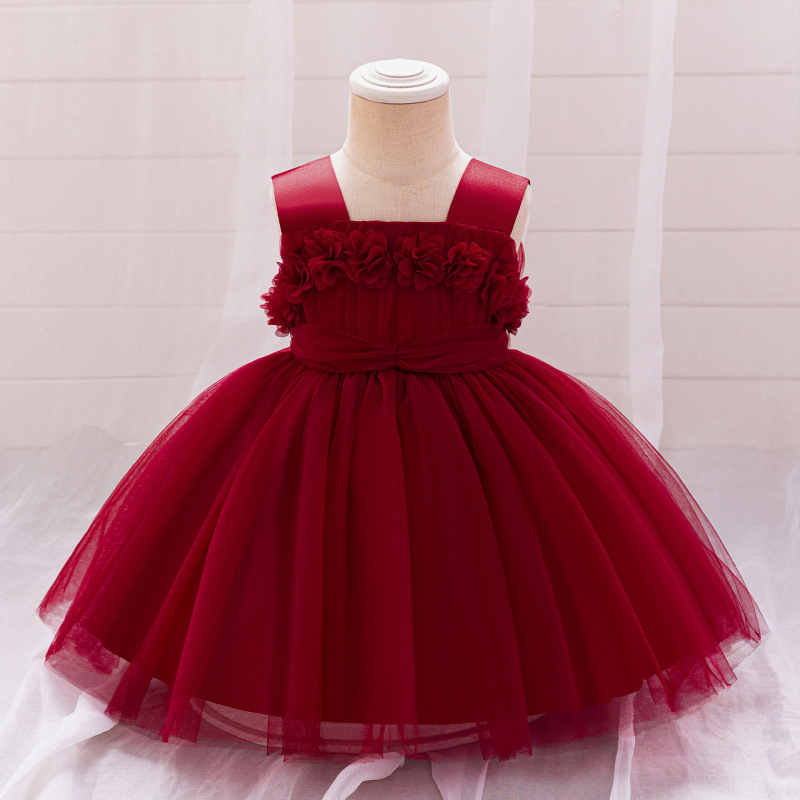 Mesh Rosette Sleeveless Midi Dresses - Burgundy Skirt - 12-18M - image 31