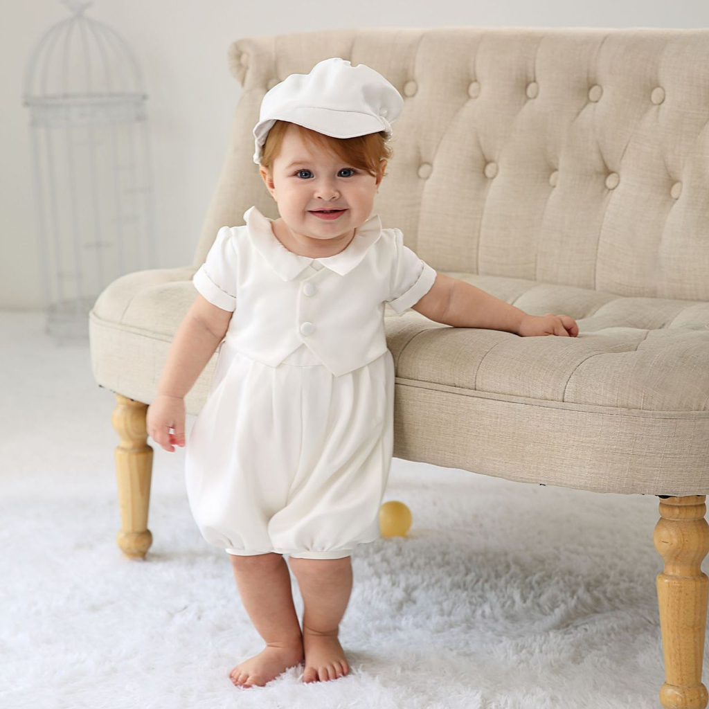 Easter Satin Split Joint Short Sleeve Fifth Pants With Hat - White - 18-24M - image 1