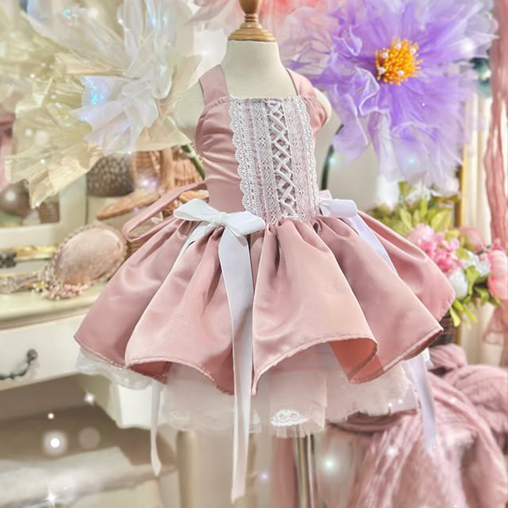 Satin Bow Applique Sleeveless Midi Dresses - Pink - 6Y - image 1