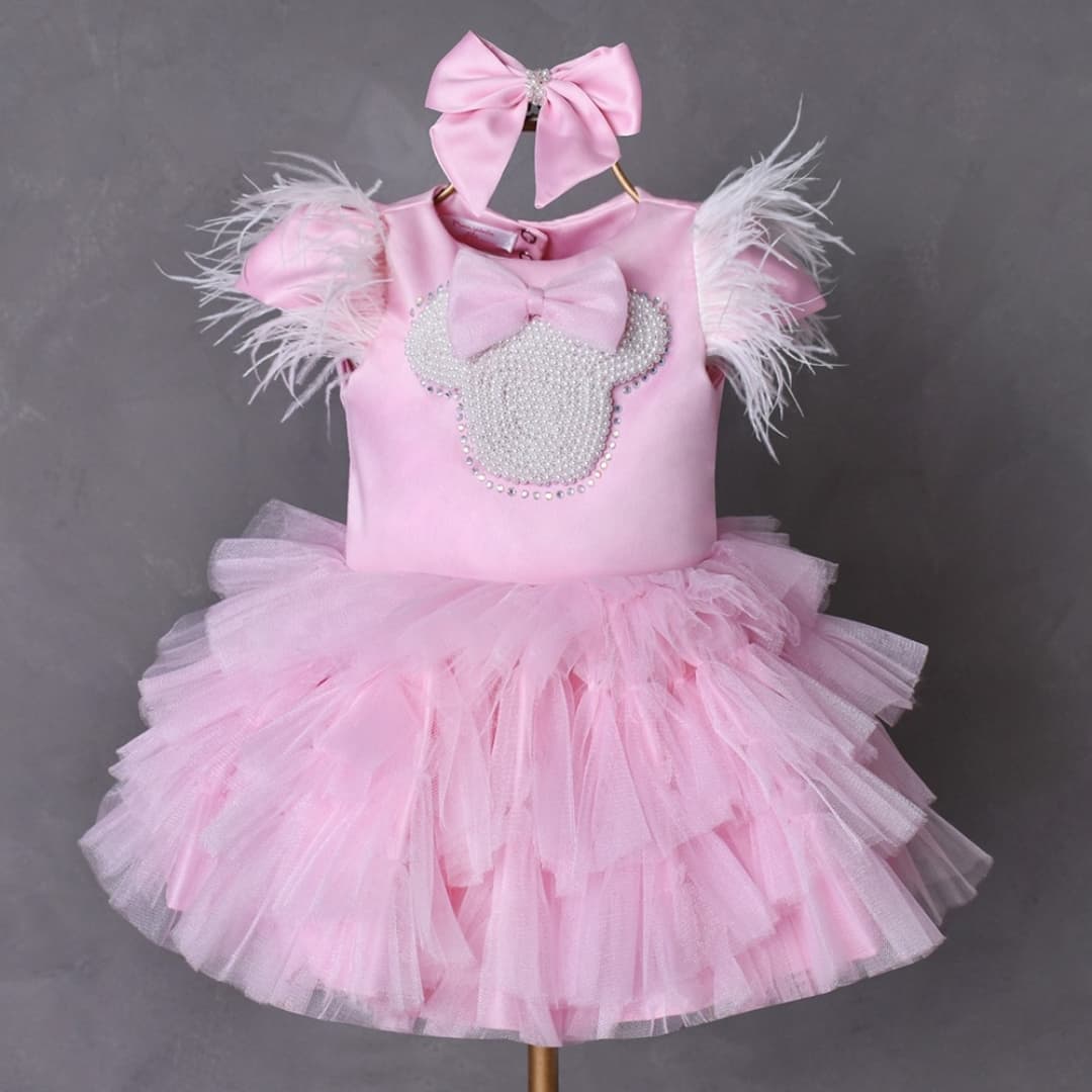 Mesh Backless Feather-trimmed Sleeveless Midi Dresses - Pink - 5Y - image 1