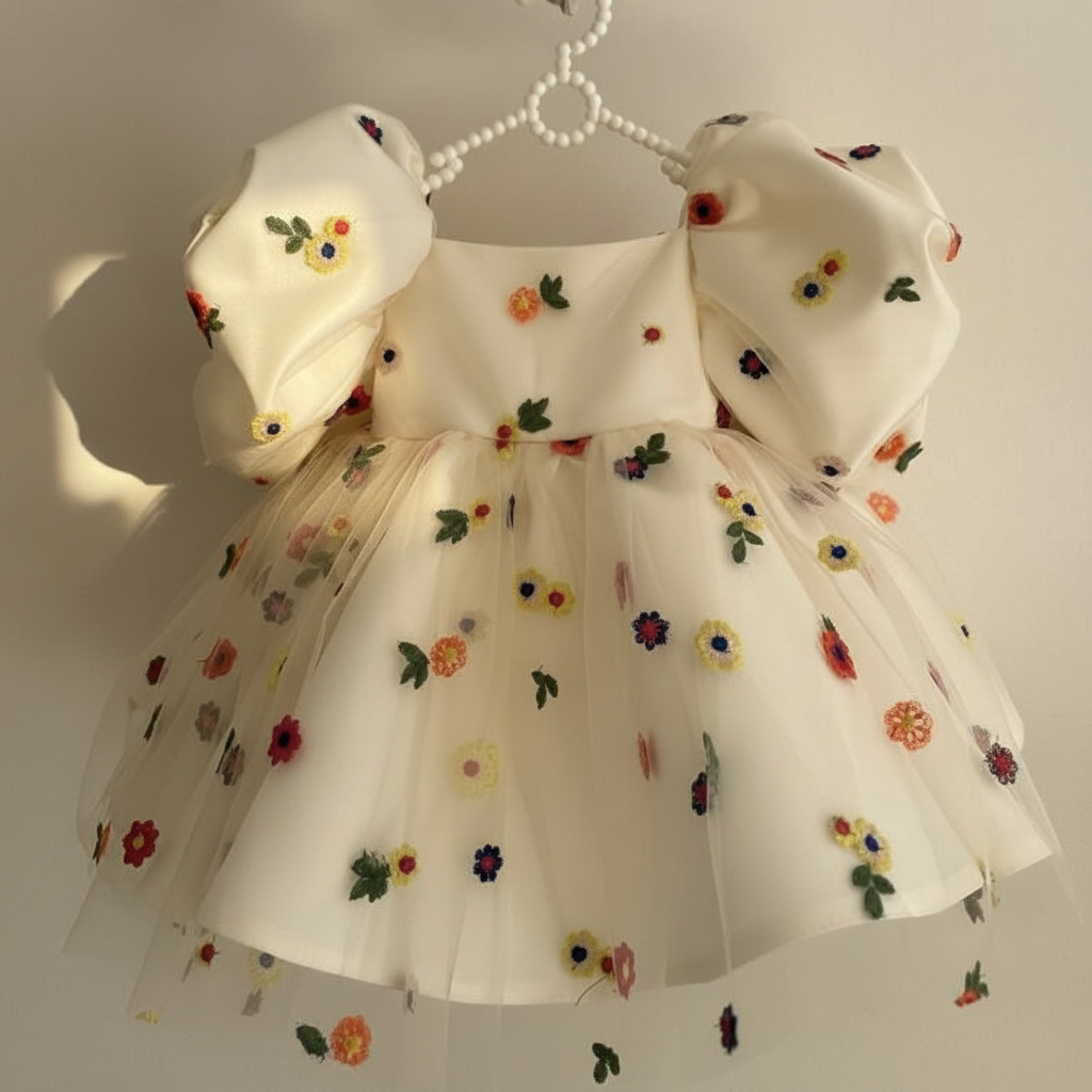 Satin Floral-embroidered Short Sleeve Midi Dresses - Beige - 5Y - image 1