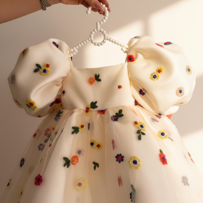 Satin Floral-embroidered Short Sleeve Midi Dresses - image 6