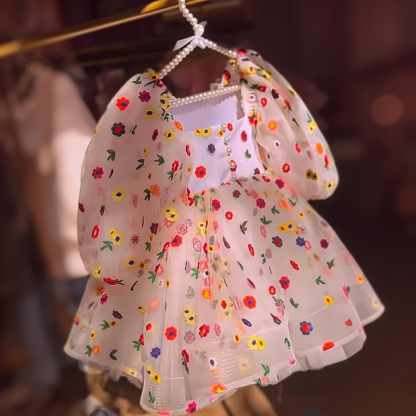 Mesh Floral-embroidered Short Sleeve Midi Dresses - Beige - 8Y - image 1