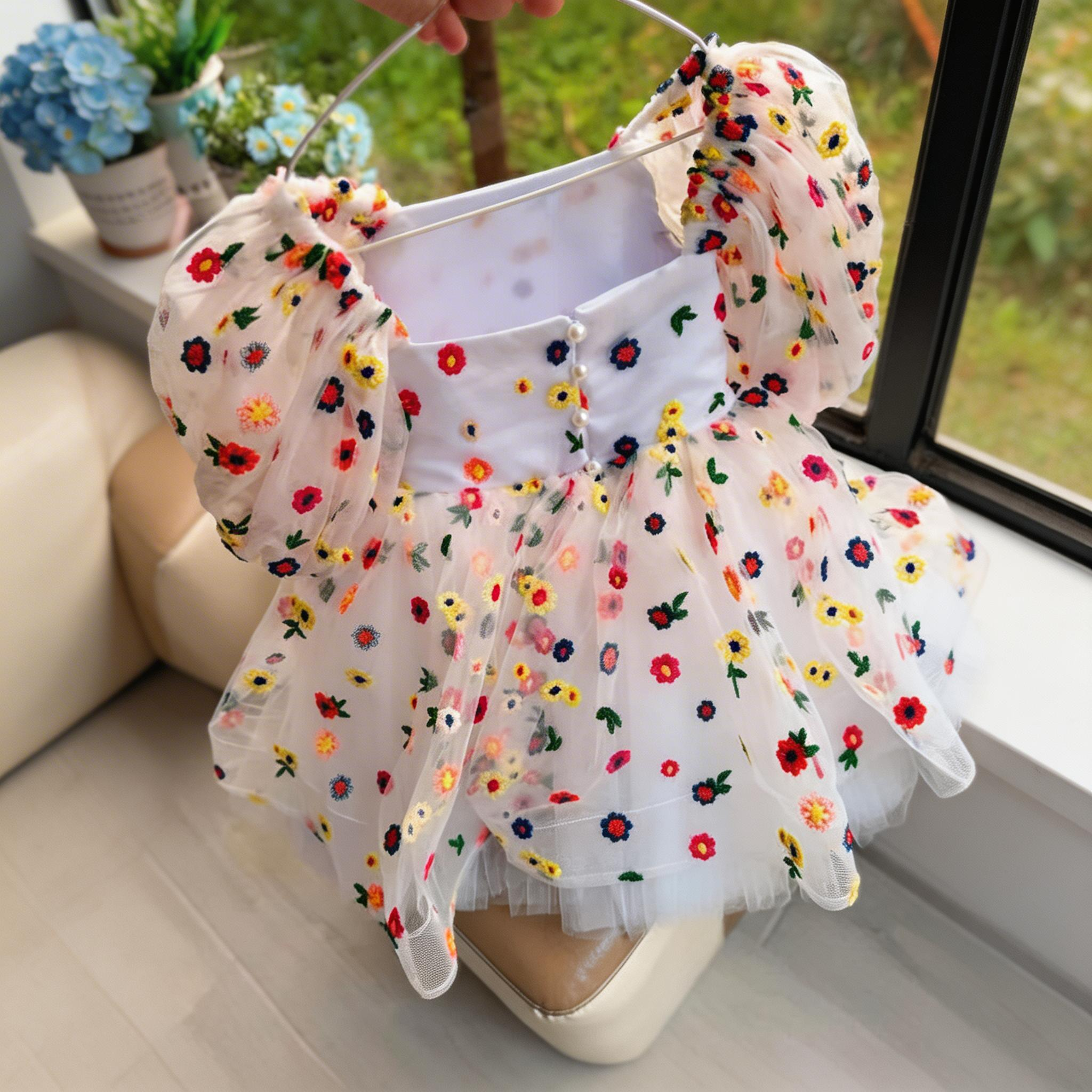 Mesh Floral-embroidered Short Sleeve Midi Dresses - image 3