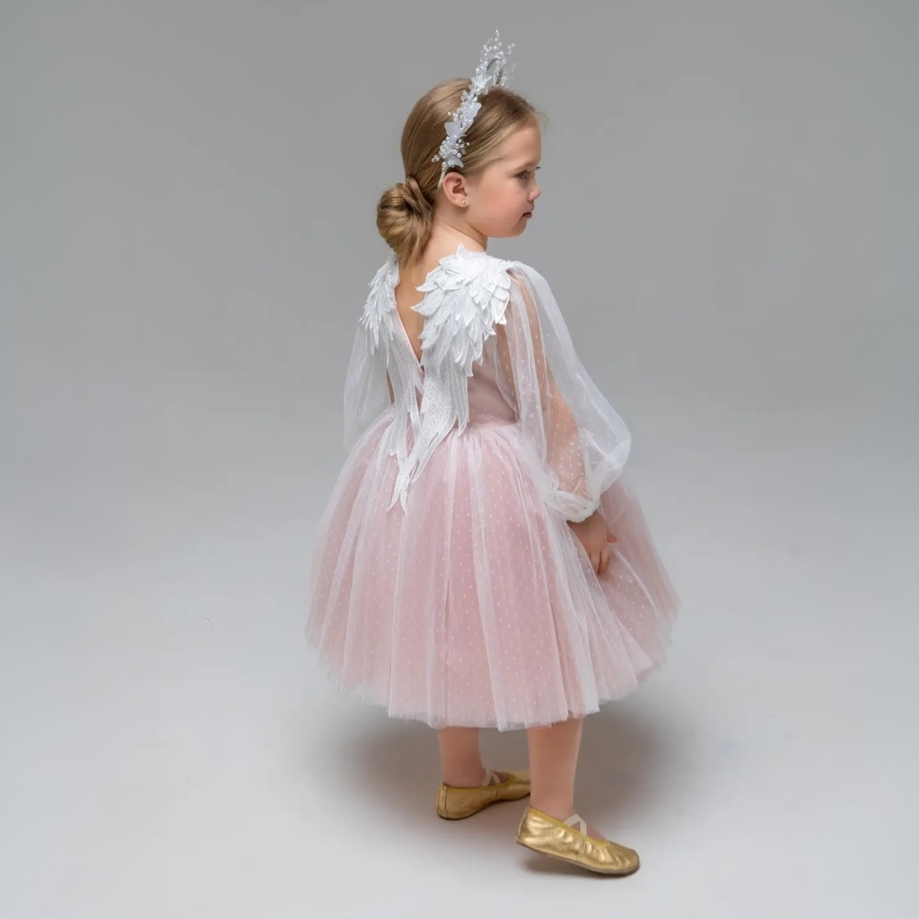 Mesh Applique Long Sleeve Mid-long Dresses - Pink - 5Y - image 1