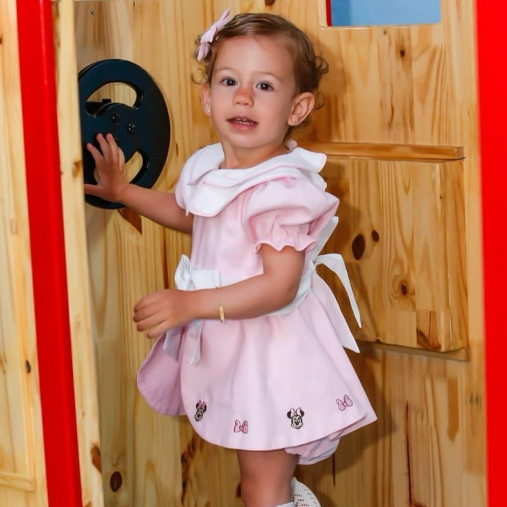 Satin Embroidery Short Sleeve Shorts Bodysuit - Pink - 4Y - image 1