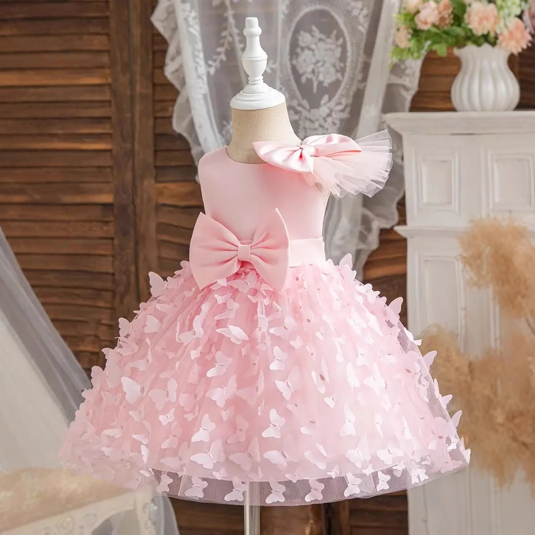 Mesh Bow Sleeveless Midi Dresses - Pink - 6-7Y - image 1