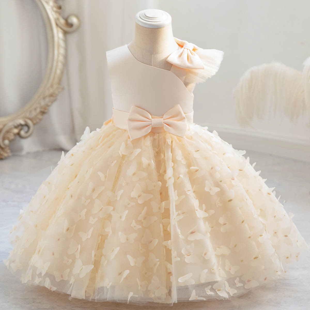 Mesh Bow Sleeveless Midi Dresses - Champagne - 6-7Y - image 9