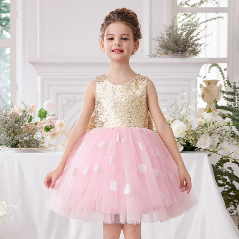 Glitter Bow Sleeveless Midi Dresses - Pink - 7-9Y - image 1