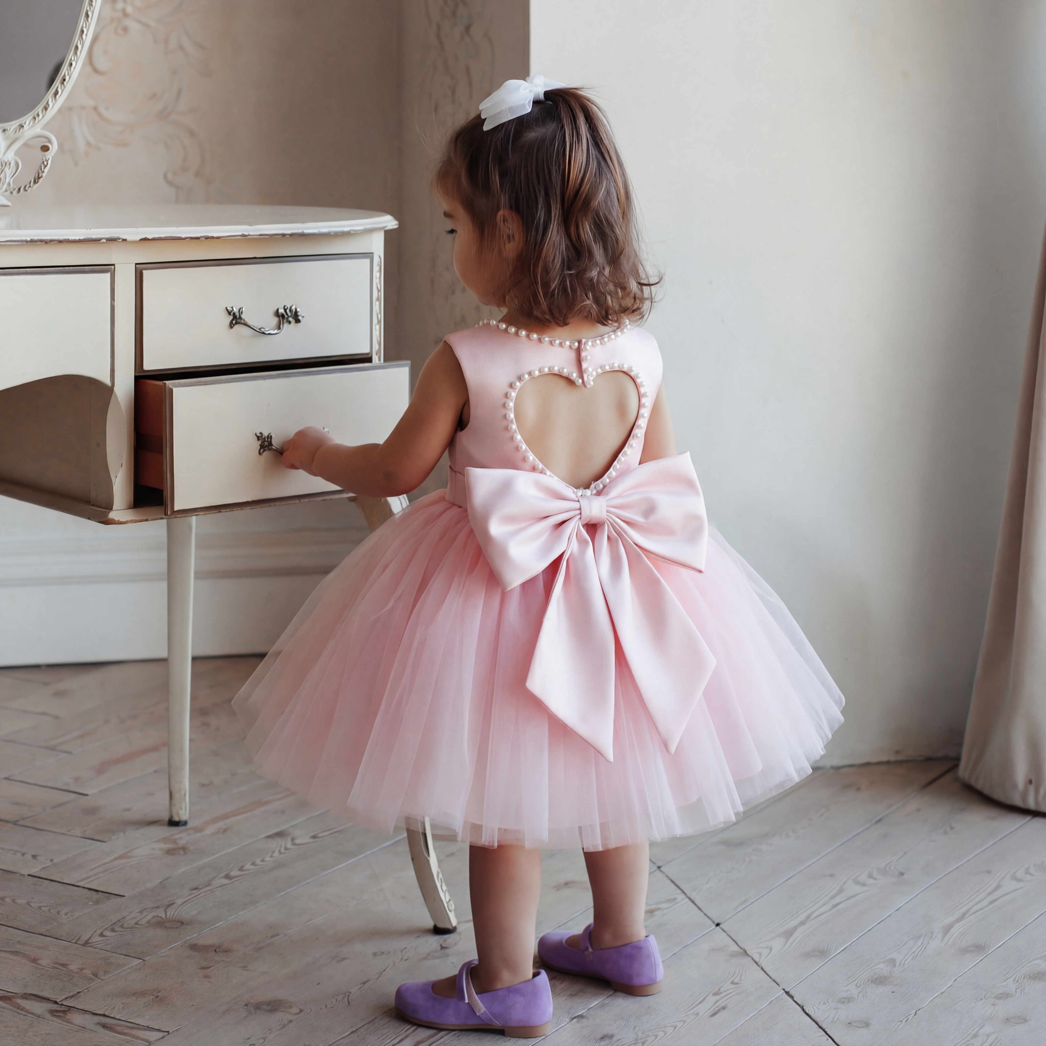 Satin Pearl Backless Sleeveless Midi Dresses - Pink - 9-11Y - image 1