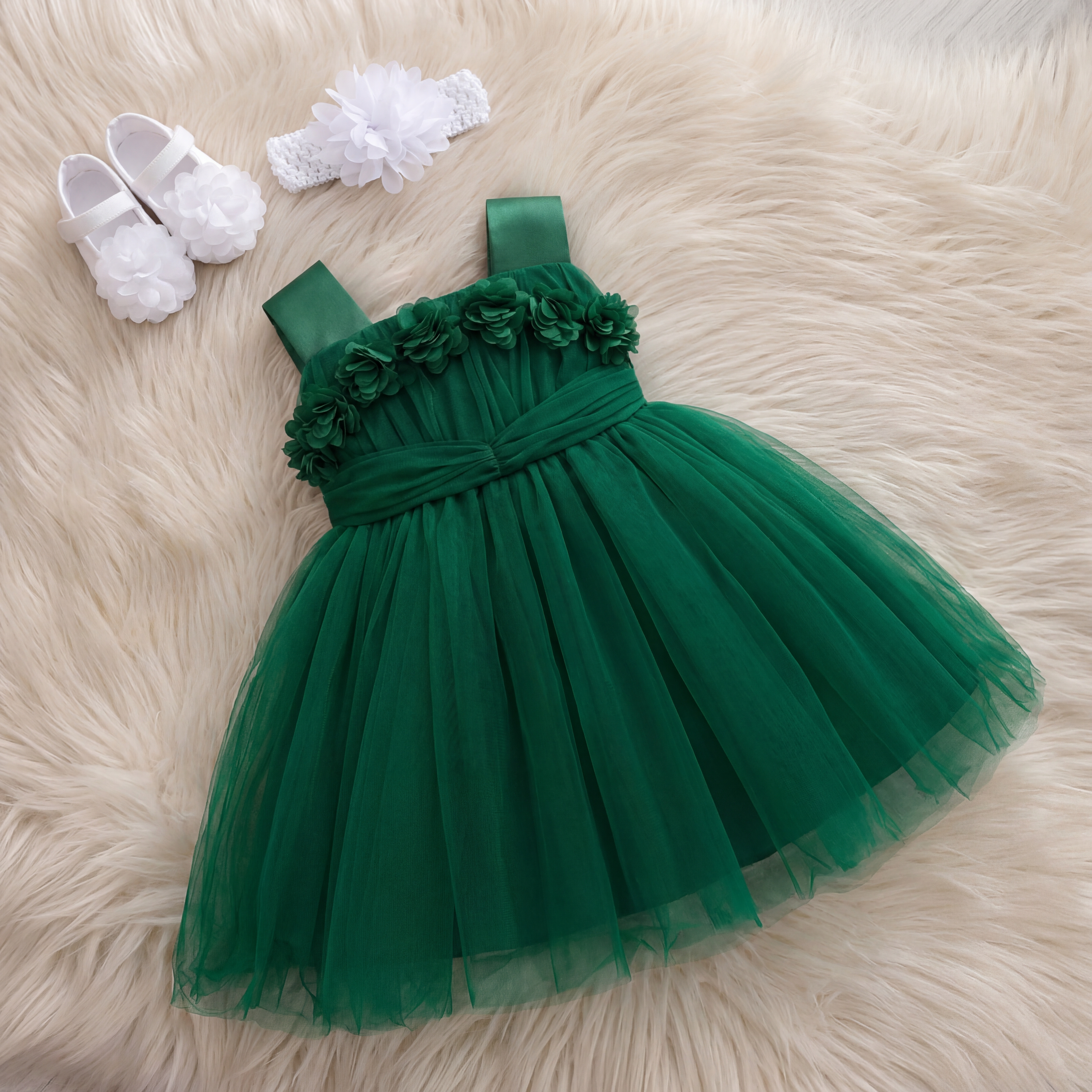 Mesh Rosette Sleeveless Midi Dresses - Dark Green - 12-18M - image 20