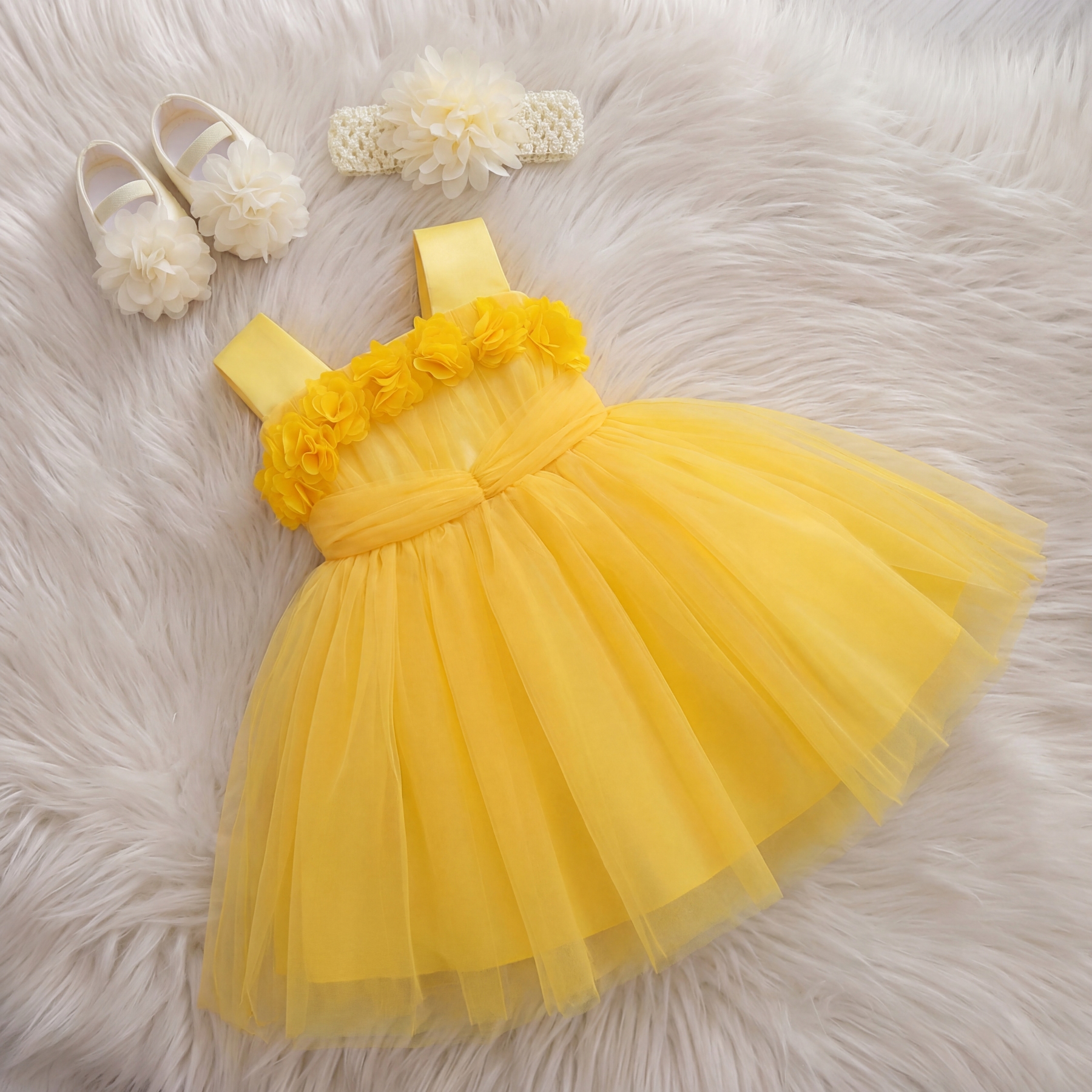 Mesh Rosette Sleeveless Midi Dresses - Yellow - 12-18M - image 11