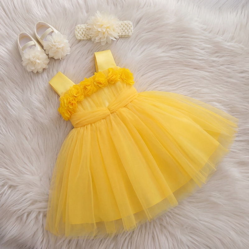 Elegant Mesh Rosette Birthday Dress Matching Set – 3PCS Baby Girl Outfit with Headband & Shoes - Yellow - 12-18M - image 12