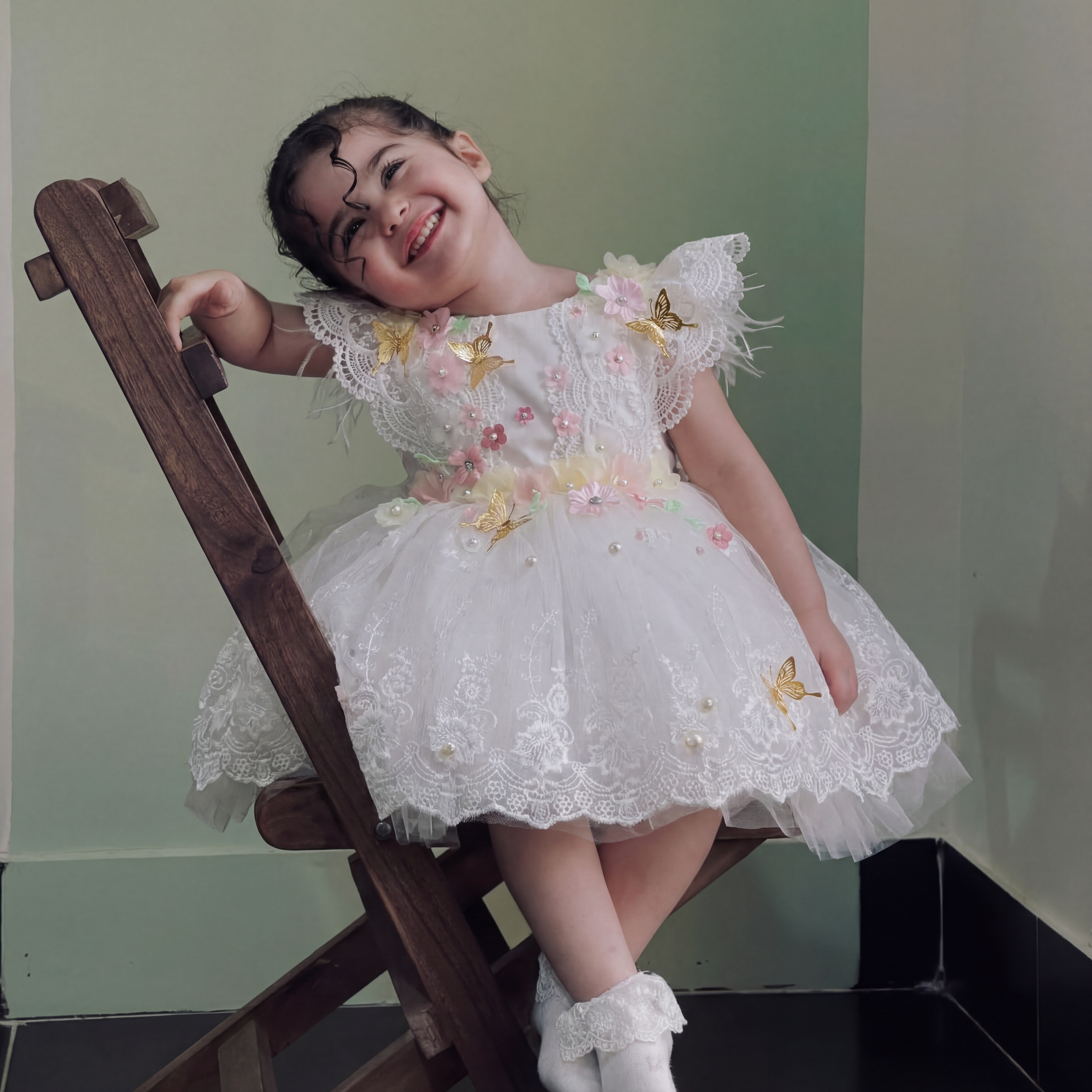 Mesh Butterfly Cap Sleeve Midi Dresses - White - 6-8Y - image 1