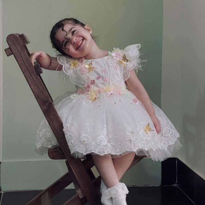 Mesh Butterfly Cap Sleeve Midi Dresses - White - 6-8Y - image 1