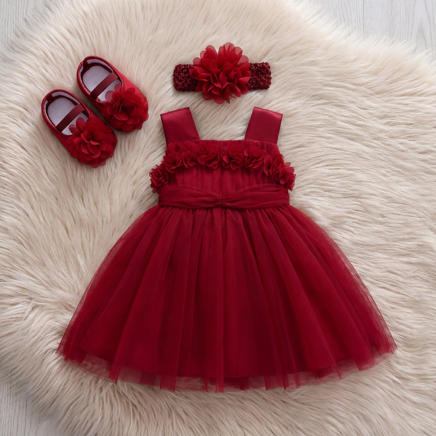 Mesh Rosette Sleeveless Midi Dresses - Wine - 12-18M - image 30
