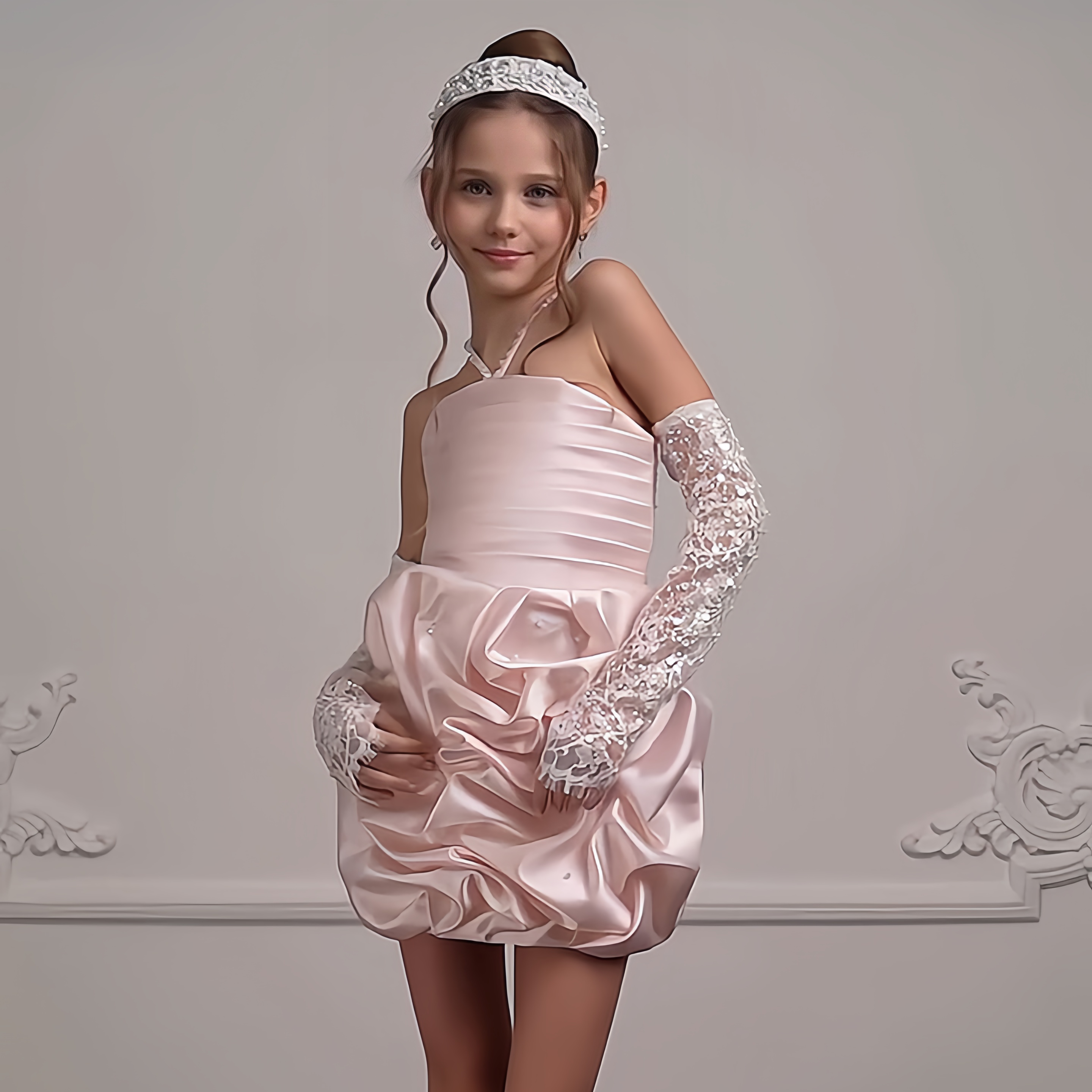 Satin Lace Fluffy Sleeveless Short Dresses - Pink - 8Y - image 1