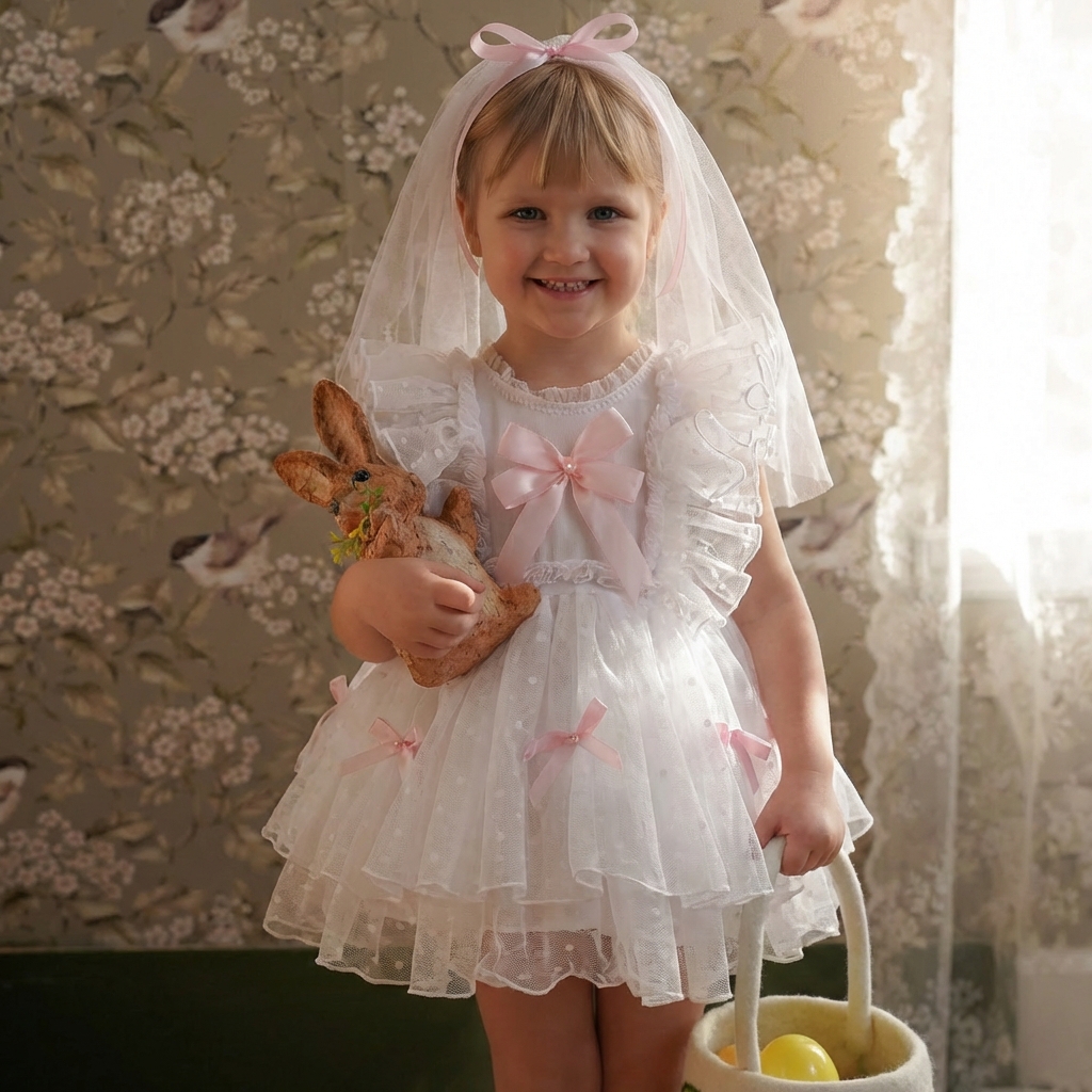 Mesh Bow Lace Edge Cap Sleeve Short Dresses - Pink - 5Y - image 1