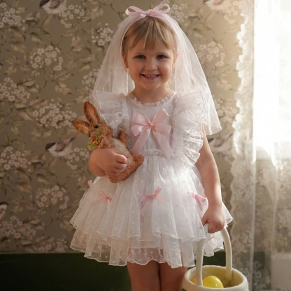 Mesh Bow Lace Edge Cap Sleeve Short Dresses - Pink - 5Y - image 1