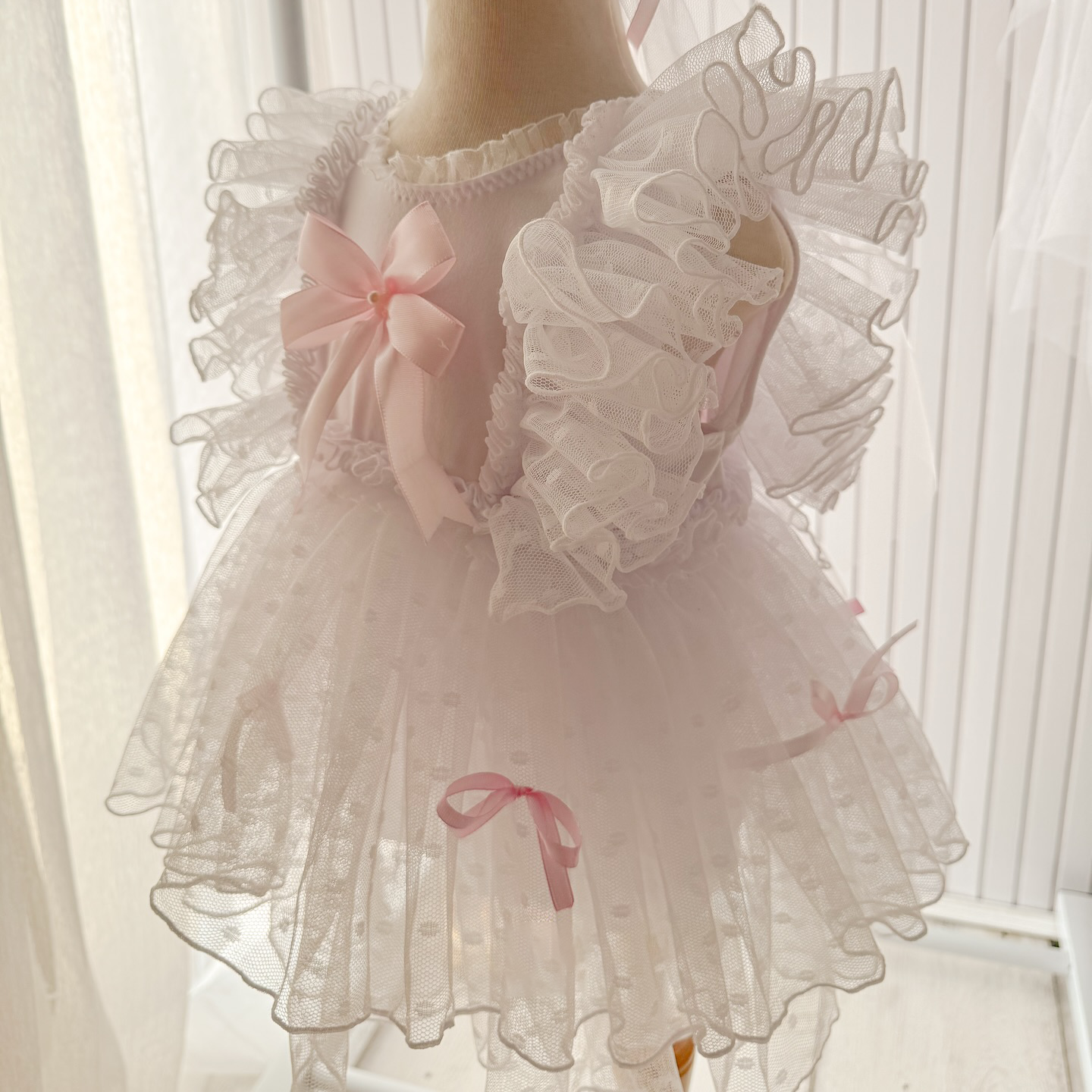 Mesh Bow Lace Edge Cap Sleeve Short Dresses - image 3