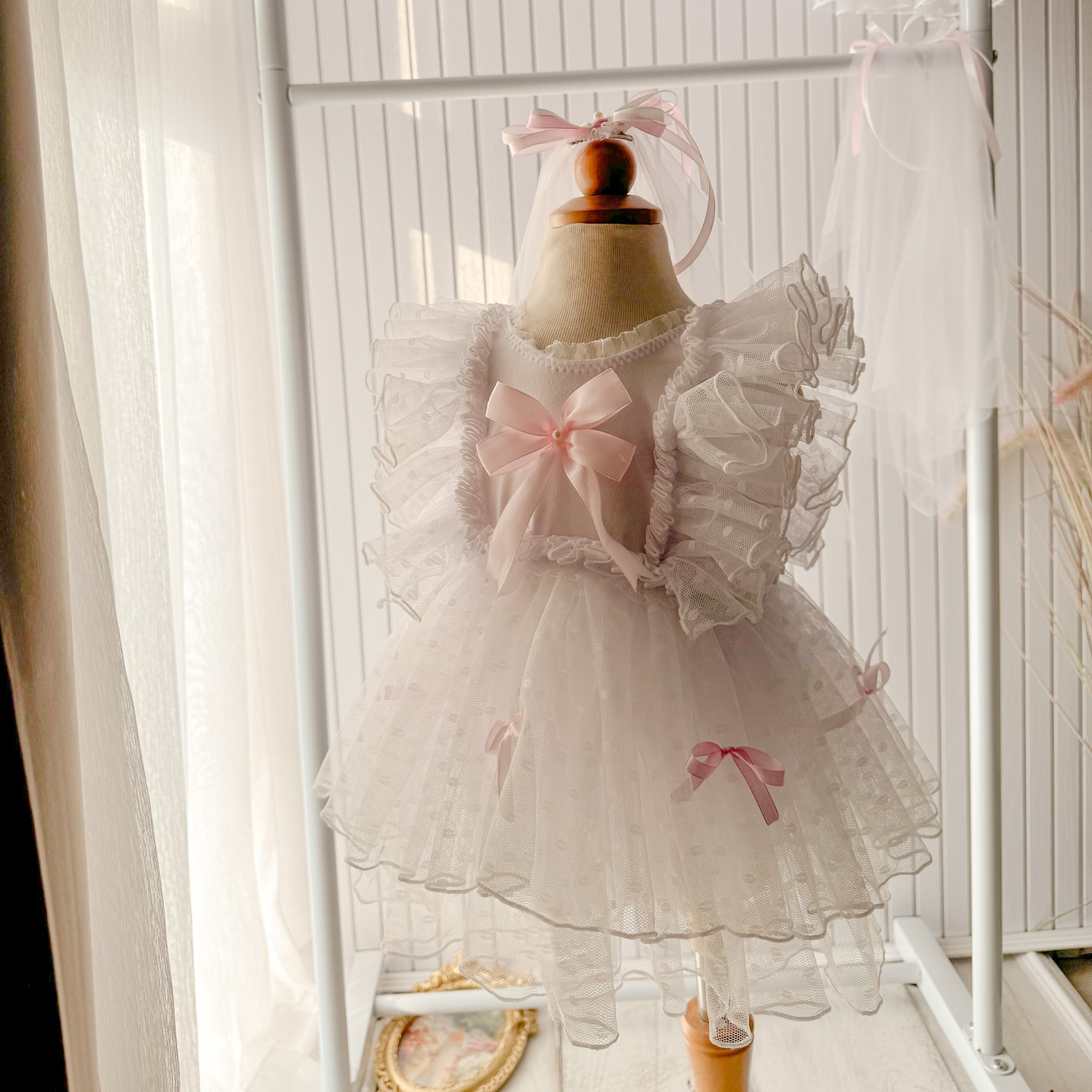 Mesh Bow Lace Edge Cap Sleeve Short Dresses - image 2