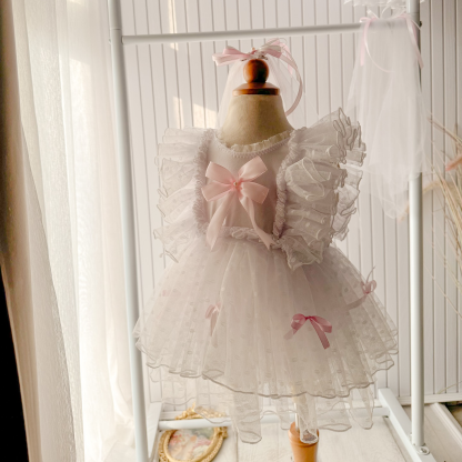 Mesh Bow Lace Edge Cap Sleeve Short Dresses - image 2